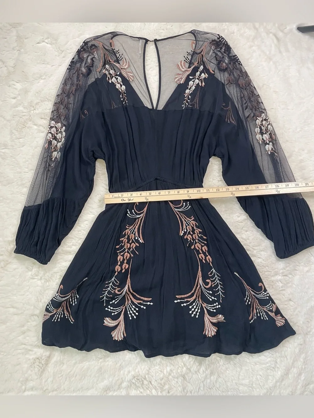 Free People Black Embroidered V-Neck Long-Sleeve Dress